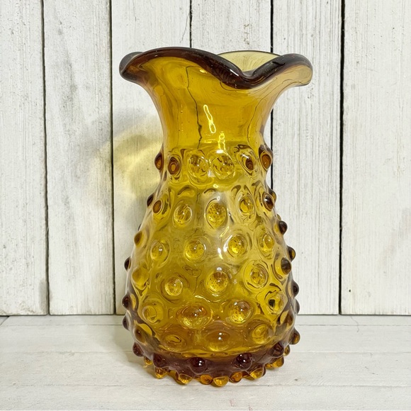 Vintage Honey Amber Marigold Hobnail Glass Ruffle Edged Vase